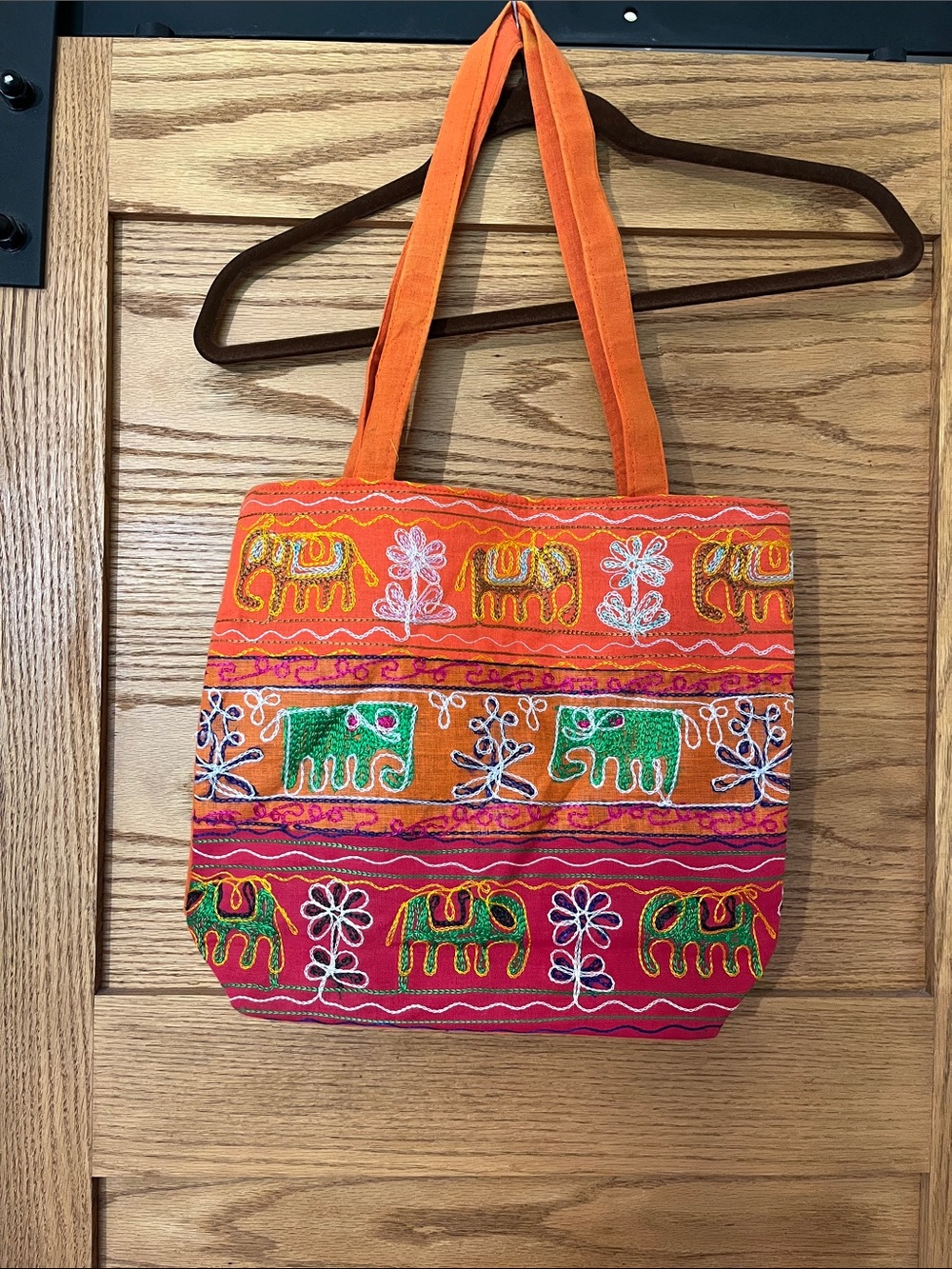 Vibrant Orange Embroidered Elephant Tote Bag